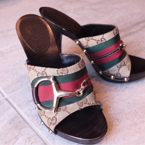 GUCCI Signature Web Horsebit Clog Heel Sandals 5.5 - Picture 1 of 7